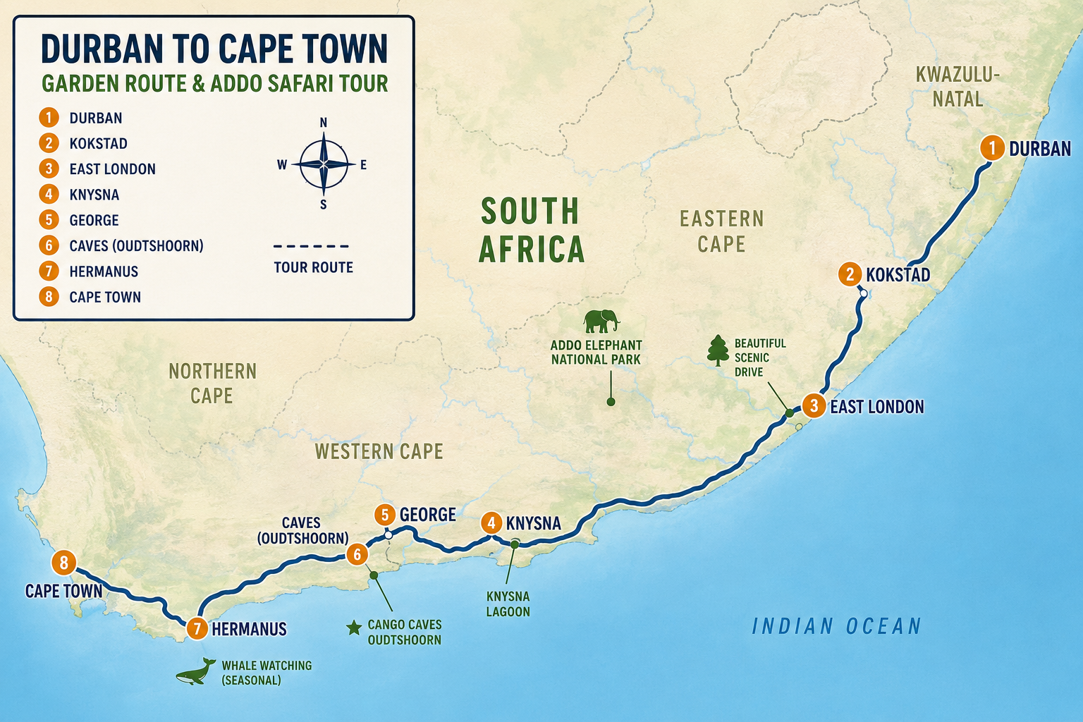 Durban to Cape Town Garden Route Map